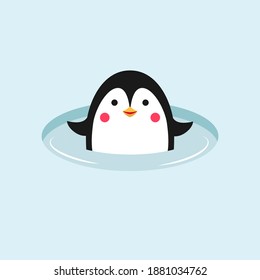 Penguin Is Swimming In Ice Hole. Nice Bird. Vector Illustration.