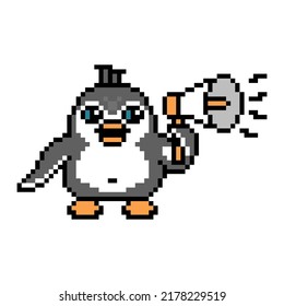 Penguin talking with the megaphone, pixel art animal character isolated on white background. Old school retro 80s-90s 8 bit slot machine video game graphics.Bird making loudspeaker public announcement