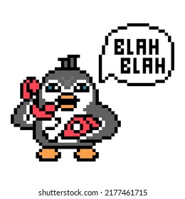 Penguin talking on the red vintage telephone and "blah blah" text in a speech bubble, pixel art animal character on white background. Old school retro 80s, 90s 8 bit slot machine, video game graphics.