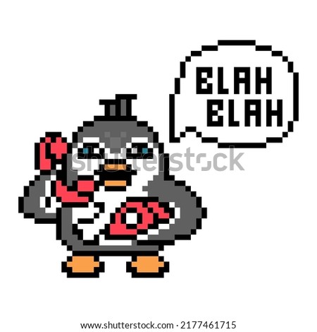 Penguin talking on the red vintage telephone and 