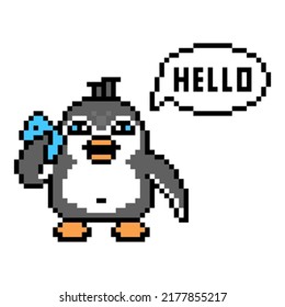 Penguin talking on a smartphone and "hello" text in a speech bubble, pixel art animal character on white background. Retro 80s, 90s 8 bit slot machine, video game graphics. Friendly mobile phone talk.