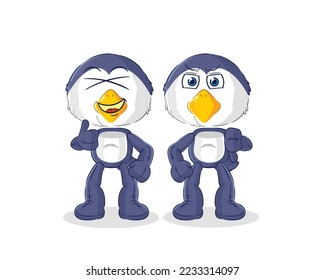 the penguin thumbs up and thumbs down. cartoon mascot vector