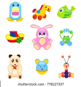 Penguin in tie, horse on wheels, green fish, small boat, pink bunny, frog beanbag, cute panda, round mouse and beetle xylophone vector illustrations.