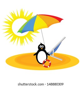 penguin with umbrella on the beach vector illustration