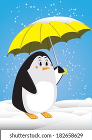 Penguin and umbrella snowing in antartica