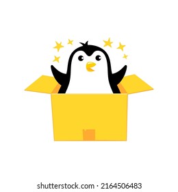 Penguin unboxing gift. Mascot cartoon vector illustration.