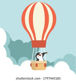 penguin using a telescope with hot air balloon