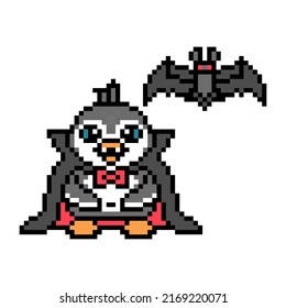 Penguin Vampire In A Cape And A Bat, Pixel Art Animal Character Isolated On White Background. Old School Retro 80s, 90s 8 Bit Slot Machine, Video Game Graphics. Cartoon Halloween Mascot. Party Costume