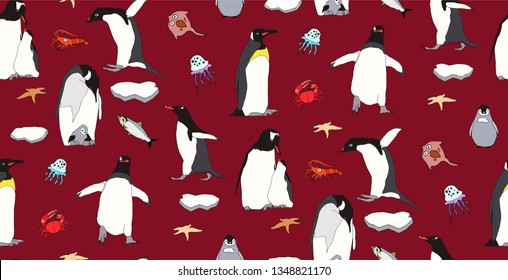 Penguin vector background. Seamless pattern. Hand drawn illustration. Animals backdrop. Illustration with wild animals. Vector pattern on gray background.