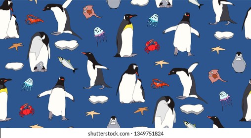Penguin vector background. Seamless pattern. Hand drawn illustration. Animals backdrop. Illustration with wild animals. Vector pattern on blue background.
