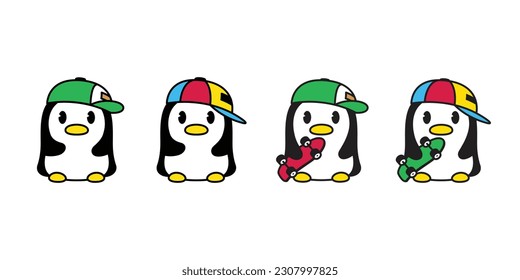 penguin vector cap hat skateboard icon skating bird logo extreme sport cartoon character rgb doodle illustration symbol design isolated