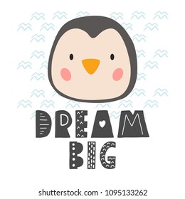 Penguin vector cartoon illustration. Cute animal poster design for greeting card, t-shirt, invitation, baby shower, birthday, room decor, print on the wall, pillow, decoration kids interior, baby wear