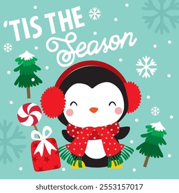 Penguin Vector For Christmas Card or Bag design