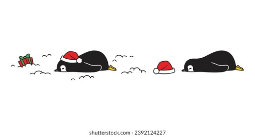 penguin vector christmas gift box santa claus hat sleeping cartoon character icon bird logo stamp doodle illustration symbol design isolated