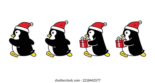 penguin vector christmas santa claus hat icon bird logo running cartoon character gift box birthday doodle illustration symbol design isolated