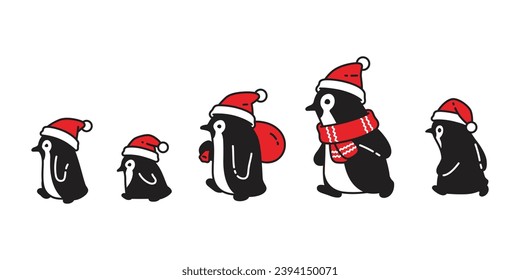 penguin vector christmas santa claus hat walking cartoon character icon bird logo stamp doodle illustration symbol design isolated