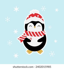 Penguin vector christmas snow with hat and scarf cute