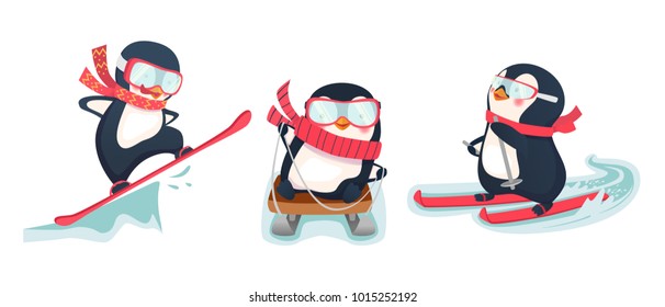 Penguin vector illustration. Active penguins in winter