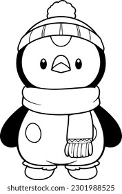 Penguin vector illustration. Black and white coloring book or page for children