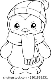 Ilustración vectorial pingüino. Libro o página de color blanco y negro para niños