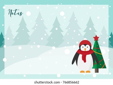 Penguin vector illustration. Decorated Christmas tree. Page for notebook. printable page. Planner, organiser, diary, book, calendar, notepad, notes. 