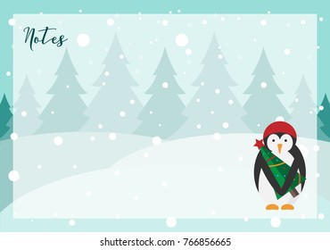 Penguin vector illustration. Decorated Christmas tree. Page for notebook. printable page. Planner, organiser, diary, book, calendar, notepad, notes. 