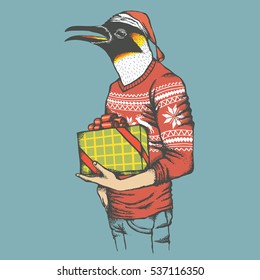 Penguin vector illustration. Penguin in human sweatshirt with gift and Christmas Santa hat on it