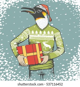 Penguin vector illustration. Penguin in human sweatshirt with Christmas gift and Santa hat on it