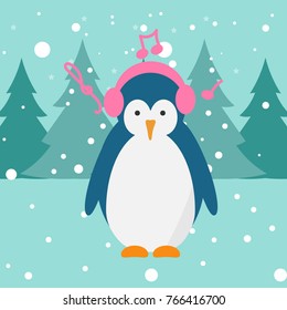Penguin vector illustration. Penguin listening to music in earphones. Musical notes in the air.Snowy and cold weather. Forest, trees background. 