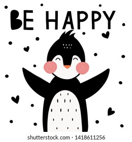 Penguin vector print.Scandinavian style.Design for  cards, posters, cards, t-shirts, book, textile.
