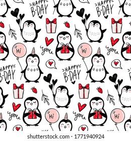Penguin vector seamless pattern. Funny animals background. Cartoon hand drawn texture with cute characters. Doodle style. Ideal for fabric, wallpaper, wrapping paper, textile, bedding, t-shirt print.