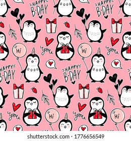 Penguin vector seamless pattern. Funny animals background. Cartoon hand drawn texture with cute characters. Doodle style. Ideal for fabric, wallpaper, wrapping paper, textile, bedding, t-shirt print.