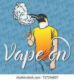 Concepto de Vape vectorial pingüino. Fumar pingüino o vaporear un cigarrillo electrónico, con traje humano. Con la inscripción