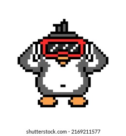 Penguin in virtual reality headset, pixel art animal character isolated on white background. Old school retro 80s, 90s 8 bit slot machine, computer, video game graphics. Cartoon VR glasses mascot.