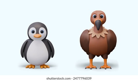 Penguin and vulture in realistic style, front view. Different types of modern birds