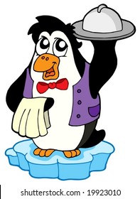 Penguin waiter on iceberg - vector illustration.