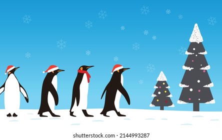 Penguin walking with Christmas hat, greeting card design, vector
