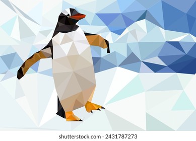Penguin walking on an ice rock, geometric drawing style, polygonal technique, vector drawing