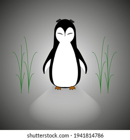 Penguin walking on the path, grass on both sides. Idea for video games, for movie and cartoons, for kids intertaimnent, for education, for logo, for stories, for animals. Colored vector illustraion