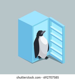Penguin walks from the fridge. Colorful minimalistic isometric style vector illustration