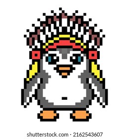 Penguin in War bonnet (Indian feather headdress), cute pixel art animal character isolated on white. Old school retro 80's-90's 8 bit slot machine, video game graphics. Cartoon native american mascot.