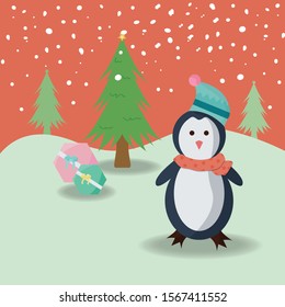 Penguin in warm clothes and gift trees; Merry Christmas and Happy New year concept
