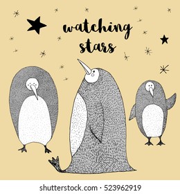 Penguin watching stars hand drawn illustration. Original characters. Black, yellow and white colors. Illustration for children's books. 