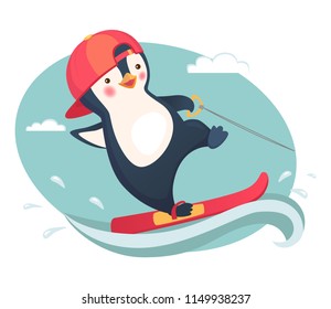 Penguin water skiing. Water sports and activities vector illustration