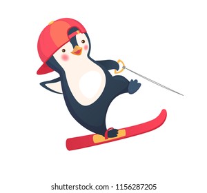 Penguin water skiing. Water sports and activities vector illustration