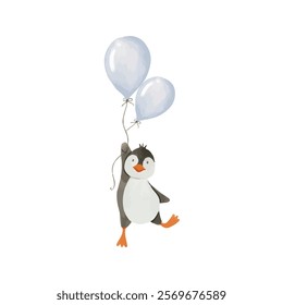 penguin Watercolor balloon isolated.  white background. Romantic symbol join, love, birthday, and wedding. Colorful mark of valentine day. Design element. Vector illustration