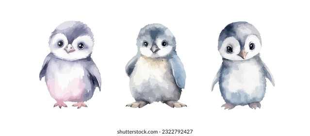 Penguin watercolor isolated on white background. Set of wild animal birds painting vector illustration