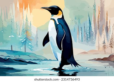 Penguin Watercolor vector art illustration  