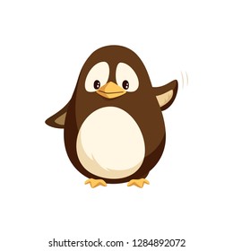 Penguin waving left wing and sending greetings to everyone, wintertime cartoon character isolated vector. Funny arctic bird, small animal kid, funny creature