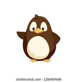 Penguin waving right wing and sending greetings. Funny arctic bird, small animal kid, funny creature. Wintertime cartoon character isolated vector